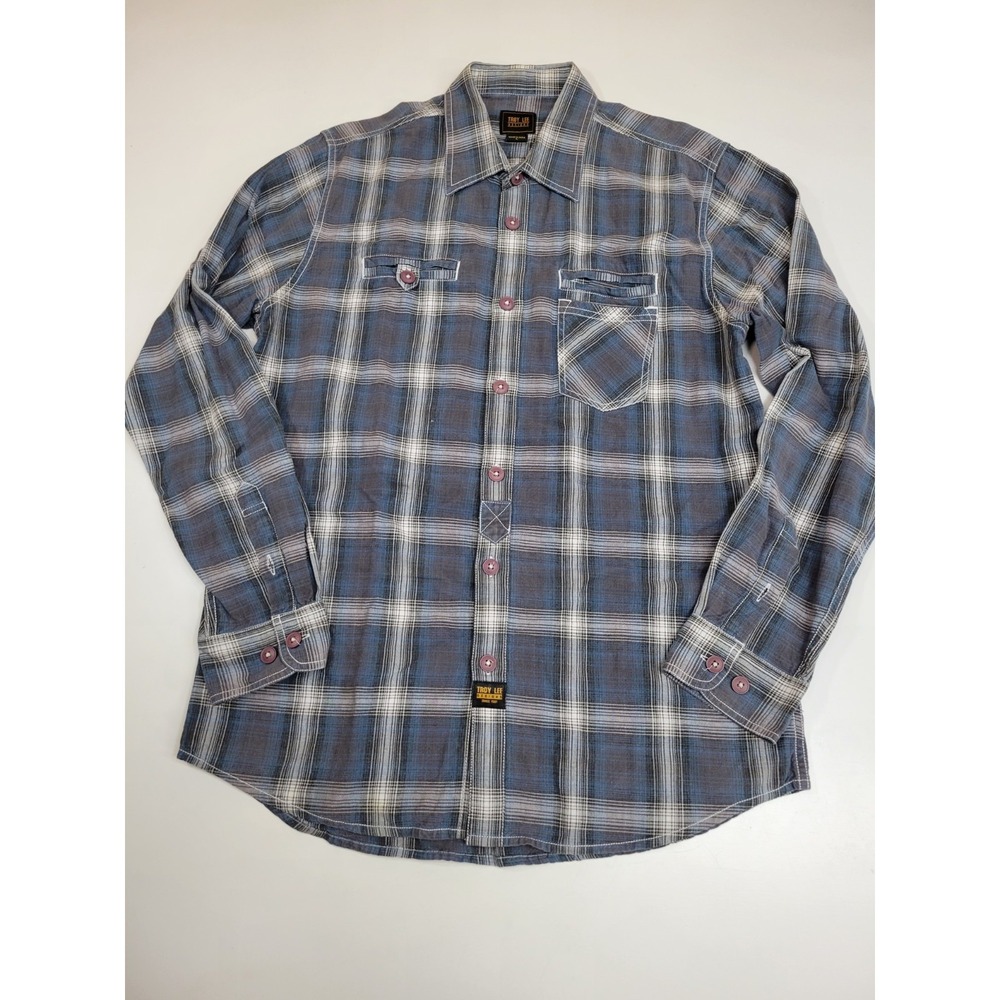 Troy Lee Designs Mens Large Blue Gray Plaid Button Front Shirt Cotton Long...